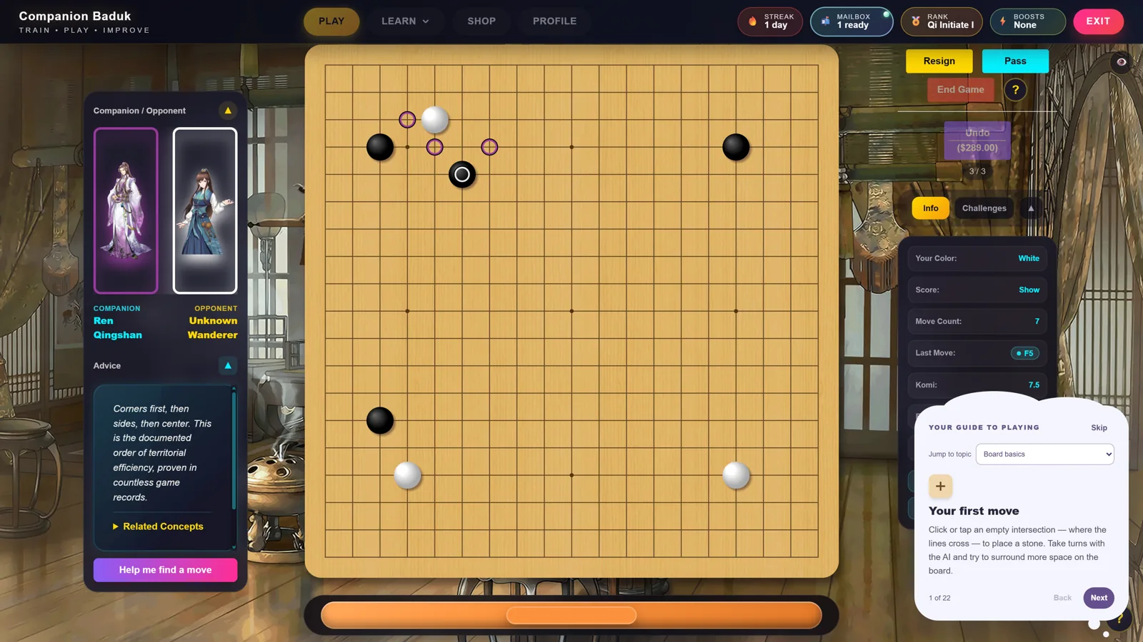 Companion Baduk gameplay with a golden Go board, AI companion cards, and move guidance