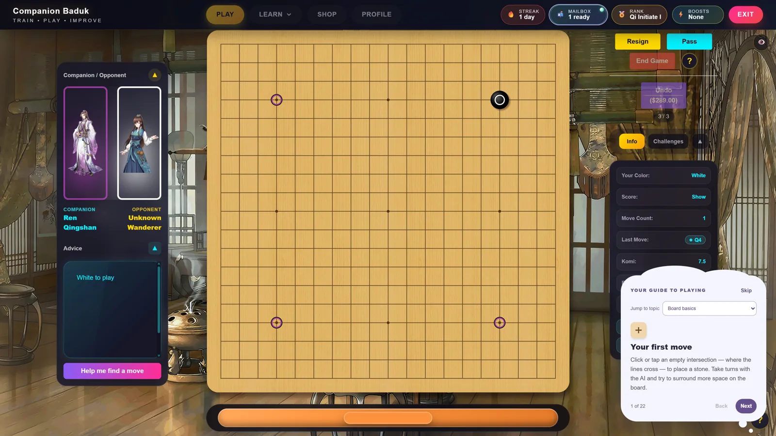 A full-size Go board with opening-move markers, AI companion cards, and first-move guidance