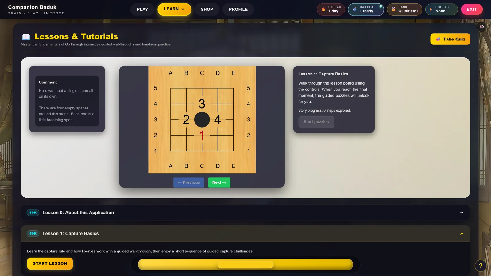 Lessons and Tutorials screen with a numbered Go board diagram and lesson list
