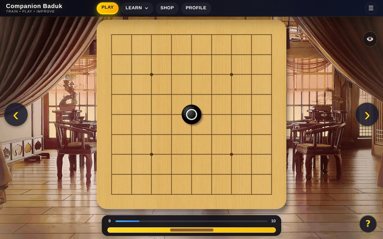 Steam Deck gameplay screenshot showing a nine-by-nine Go board in a lantern-lit room