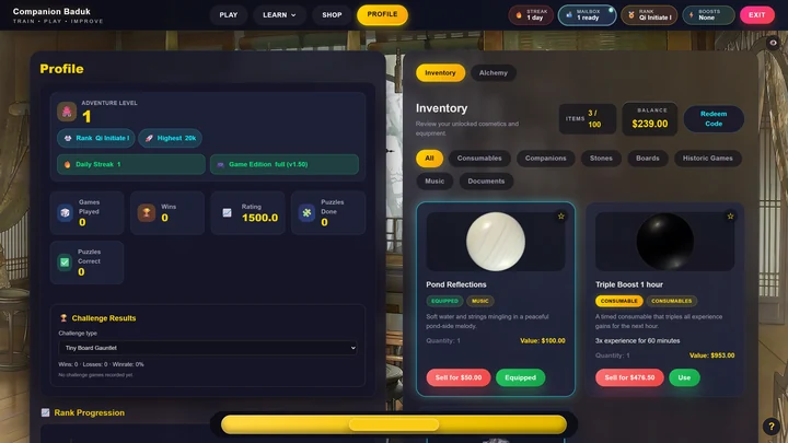 Player profile with game statistics, rank progress, and board and stone inventory