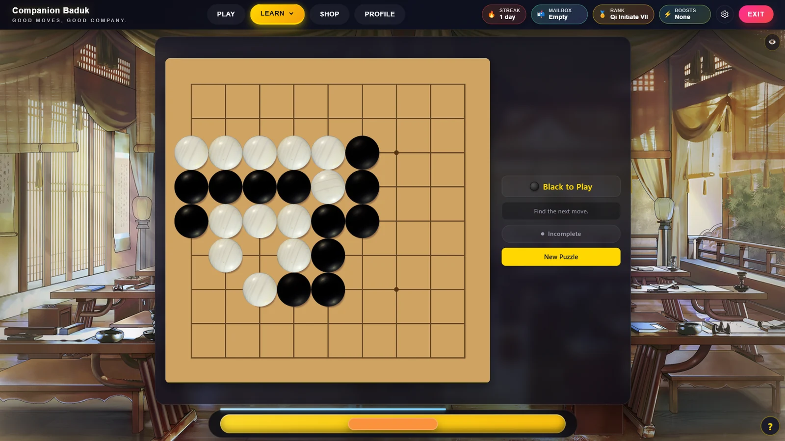 A life-and-death Go puzzle with black and white stones and a Black to Play prompt