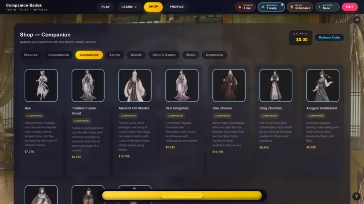 In-game shop showing companion portraits, descriptions, and coin prices